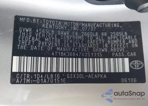 2007 Toyota Avalon Limited z USA, uszkodzony, nr VIN 4T1BK36B47U251115